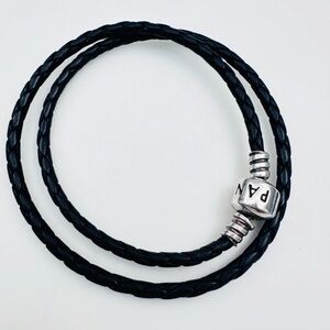 Pandora Black Braided leather Bracelet with Silver Clasp